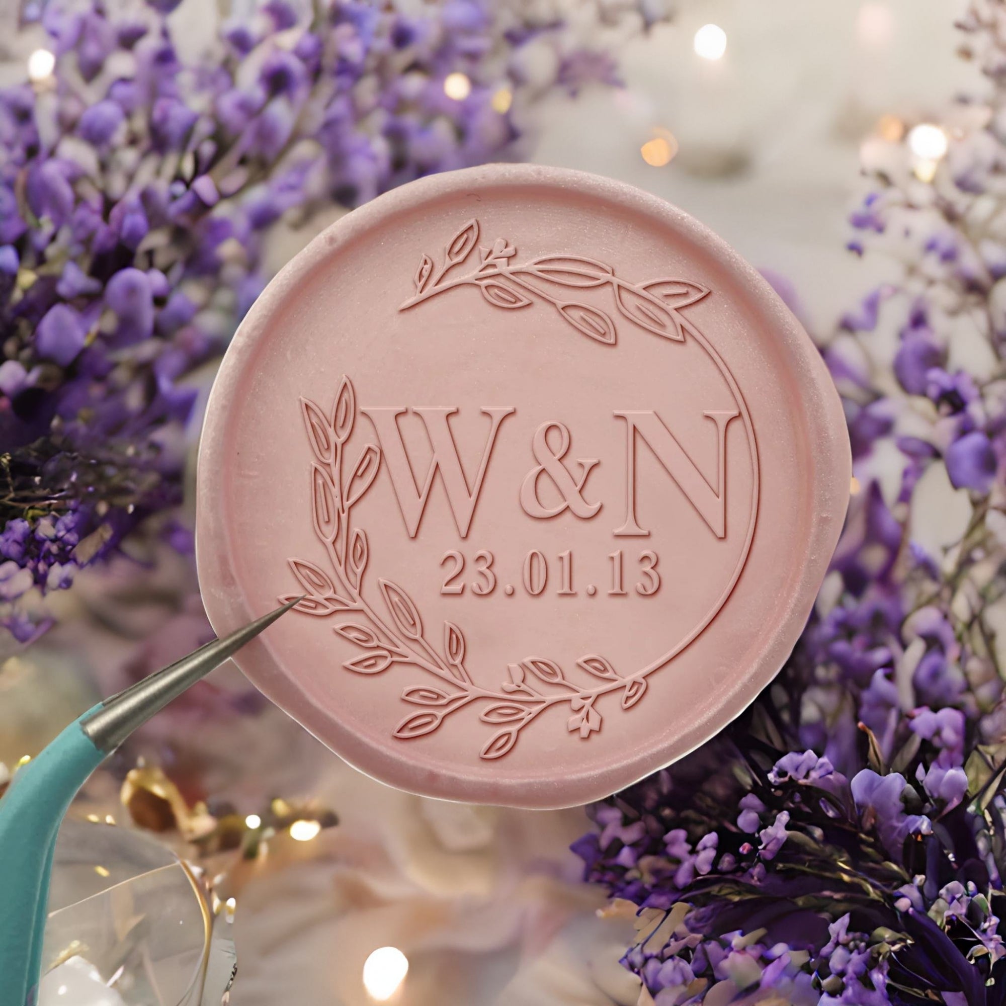 Leafy Circle Double Initials Wedding Custom Self-Adhesive Wax Seal Stickers