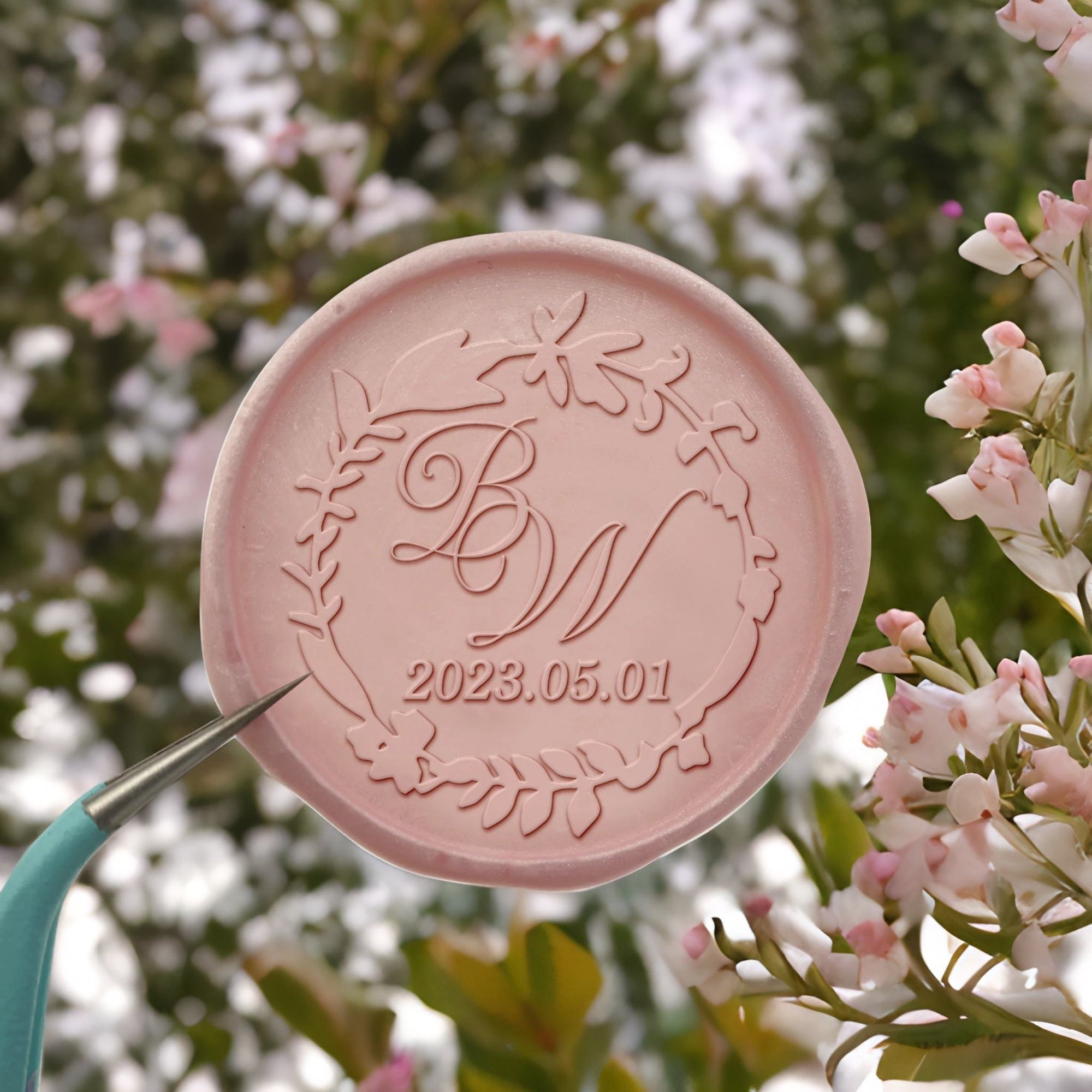 Twig Wreath Double Initials Wedding Custom Self-Adhesive Wax Seal Stickers