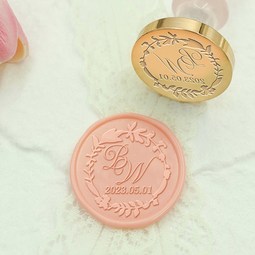 Twig Wreath Wedding Custom Wax Seal Stamp with Double Initials-1